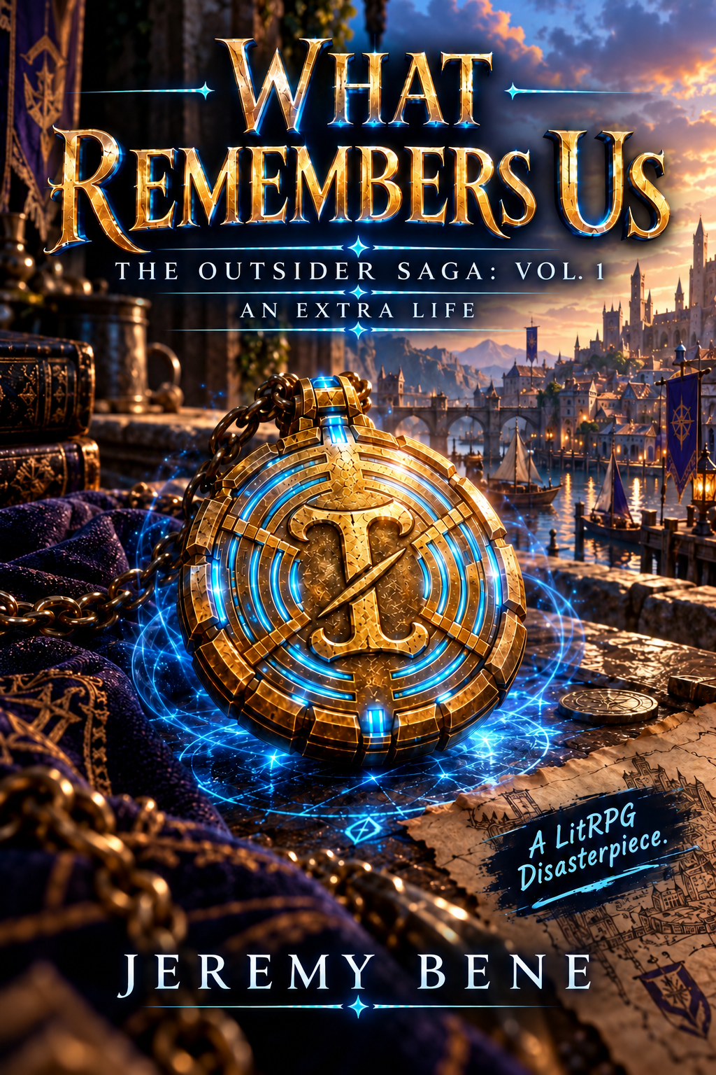 Cover of What Remembers Us: The Outsider Saga, Vol. 1 — An Extra Life by Jeremy Bene, featuring a golden locket glowing blue before a fantasy city.