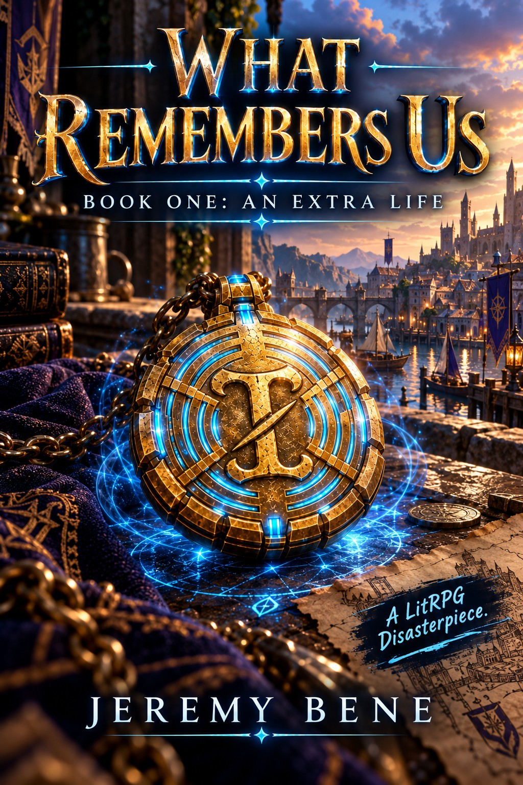 Preliminary cover of What Remembers Us: An Extra Life by Jeremy Bene, featuring a golden locket glowing blue before a fantasy city.